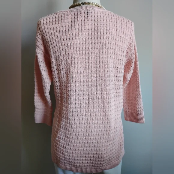 Talbots Cotton Blend Basket Weave Knit 3/4 Sleeve Pastel Pink Sweater Sz Medium - Picture 9 of 17